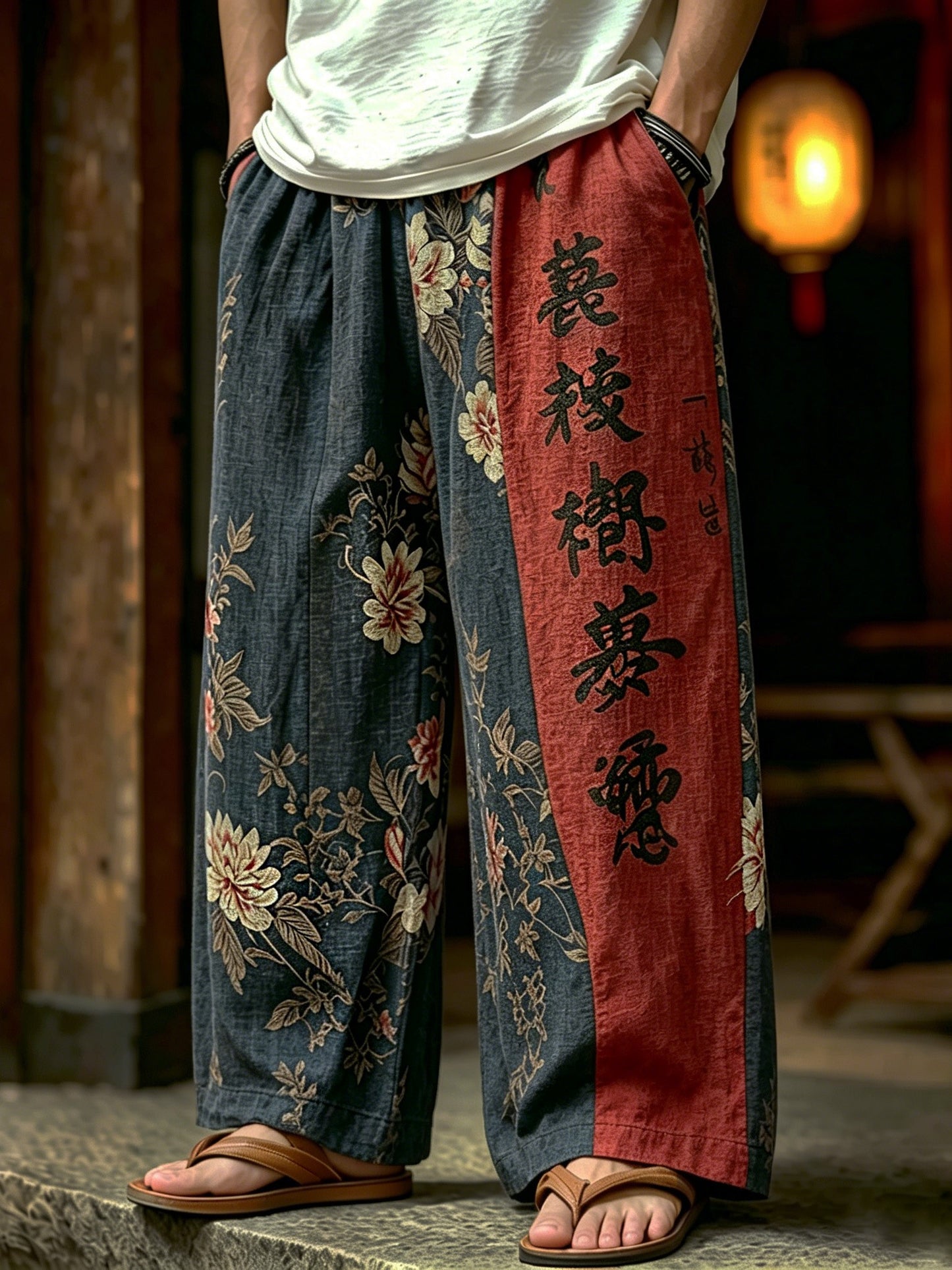 Cardydony Men's Japanese Art Floral And Calligraphy Printed Casual Trousers