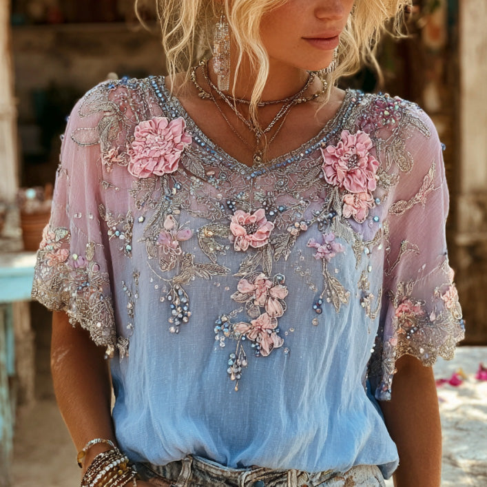 Cardydony Women's Retro Bohemian Style Floral Print V-neck Short-sleeve Top