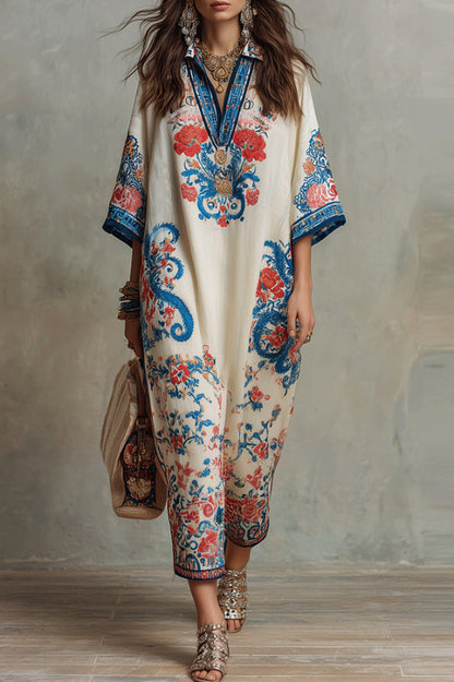 Cardydony Women's  Unique Print Loose V-Neck Casual Slit Maxi Dress
