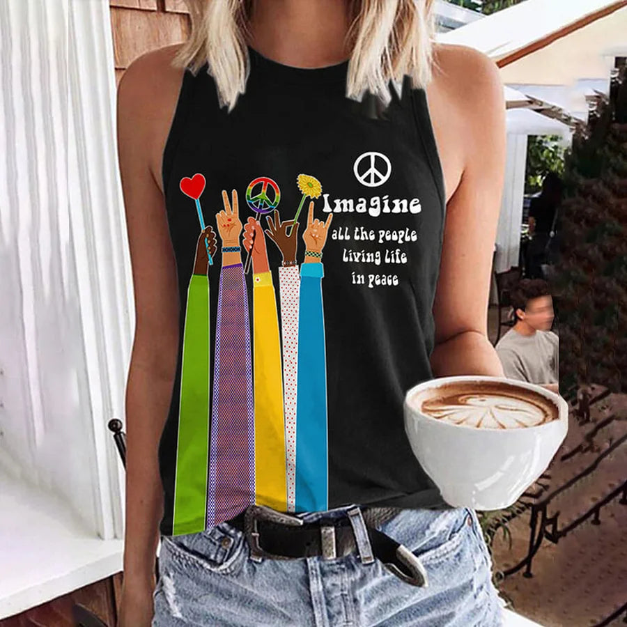Cardydony Retro Hippie Imagine All The People Living Life In Peace Print Tank Top