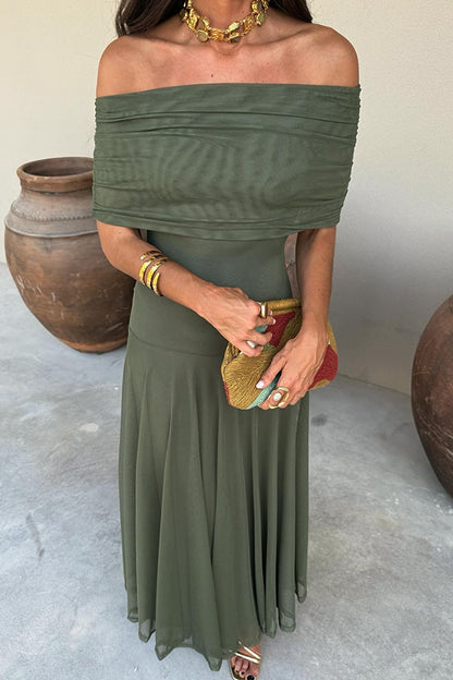 Cardydony Women's In My Arms Mesh Ruched Strapless Paneled Drape Flare Maxi Dress