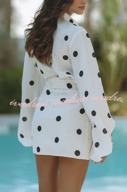 Cardydony Women's Effortlessly Linen Blend Polka Dot Balloon Sleeve Blouse and Wrap Tie-up Loose Mini Skirt Set