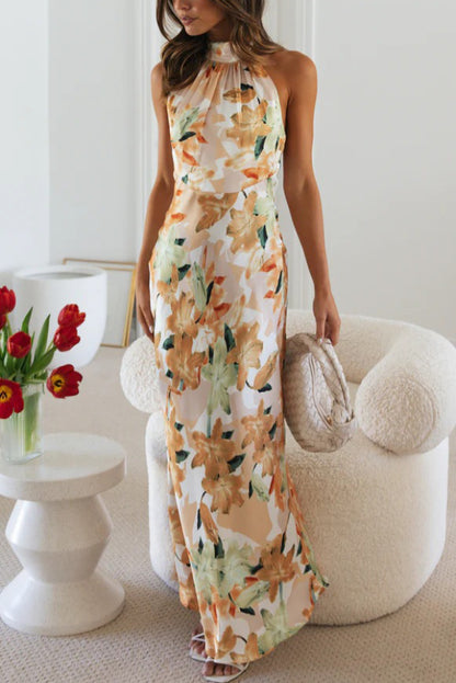 Cardydony Women's Floral Print Sleeveless Halter Neck Tie Holiday Maxi Dress