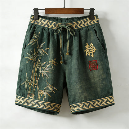 Cardydony Men's Japanese Bamboo Calligraphy Art Drawstring Linen Shorts