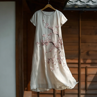 Cardydony Japanese Art Cherry Blossom Pattern Design Casual Linen Dress