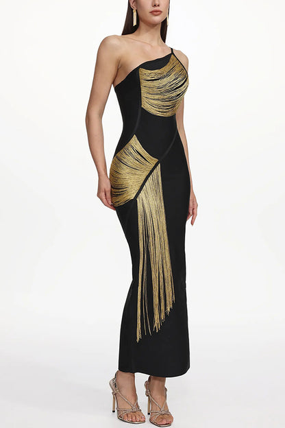 Cardydony Women's Roanna One Shoulder Sleeveless Glossy Tassels Bandage Maxi Dres