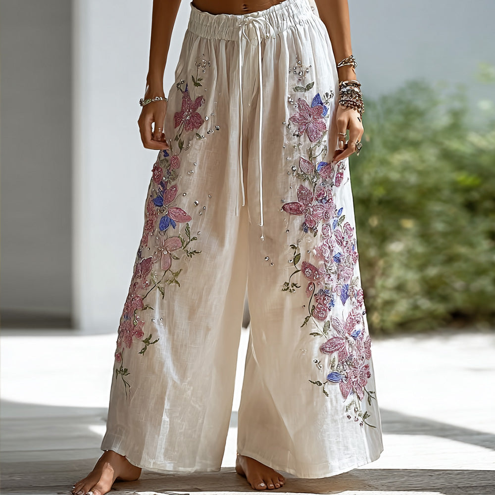Cardydony Boho Floral Embroidery & Rhinestone Wide Leg Pants