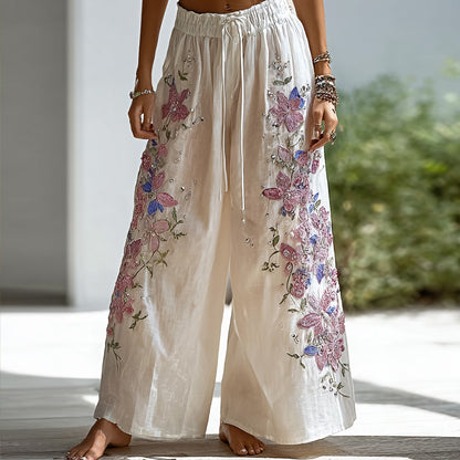 Cardydony Boho Floral Embroidery & Rhinestone Wide Leg Pants
