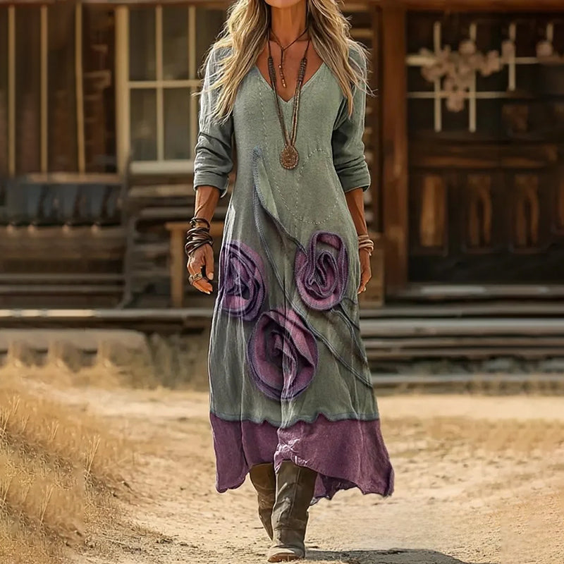 Cardydony Vintage Floral Art Pattern Linen Blend V-neck Loose Long Sleeve Midi Dress