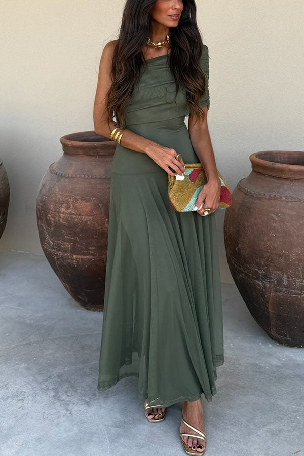 Cardydony Women's In My Arms Mesh Ruched Strapless Paneled Drape Flare Maxi Dress