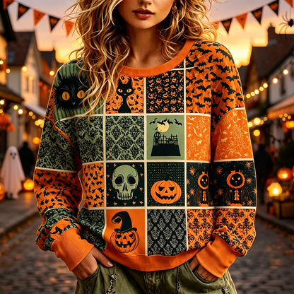Cardydony Women's Halloween Patchwork Graphic Crewneck Sweatshirt - Spooky Black Cats, Skulls And Pumpkins Print Pullover