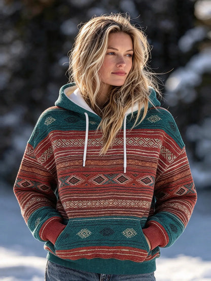 Cardydony Women's Retro Ethnic Geometric Print Casual Hoodie
