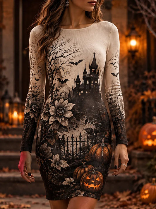 Cardydony Women's Halloween Castle, Bats & Pumpkins Graphic Long-sleeve Bodycon Dress