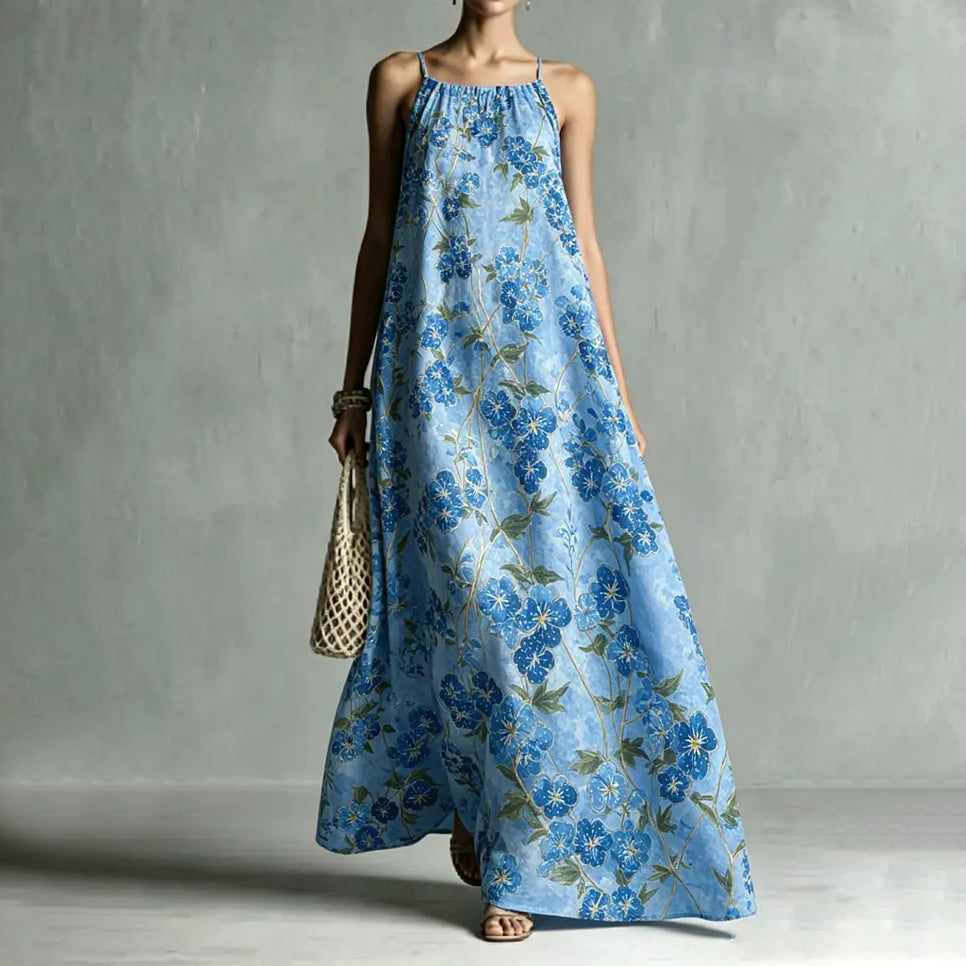 Cardydony Women's Loose Art Oil Painting Floral Print Slim Collar Maxi Dress