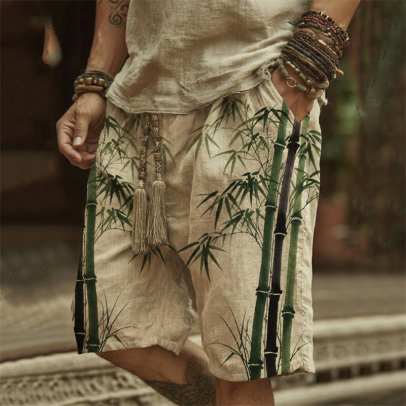 Cardydony Men's Bamboo Art Print Linen Blend Casual Shorts