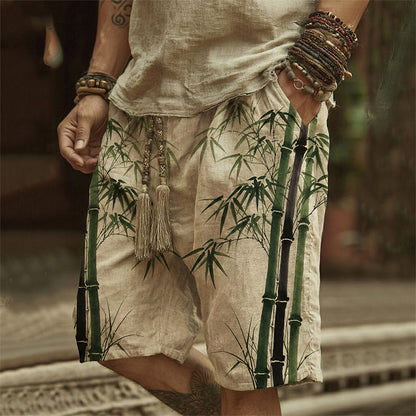 Cardydony Men's Bamboo Art Print Linen Blend Casual Shorts