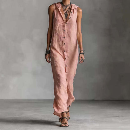 Cardydony Women's Solid Color Button Linen Blend Comfy Maxi Dress