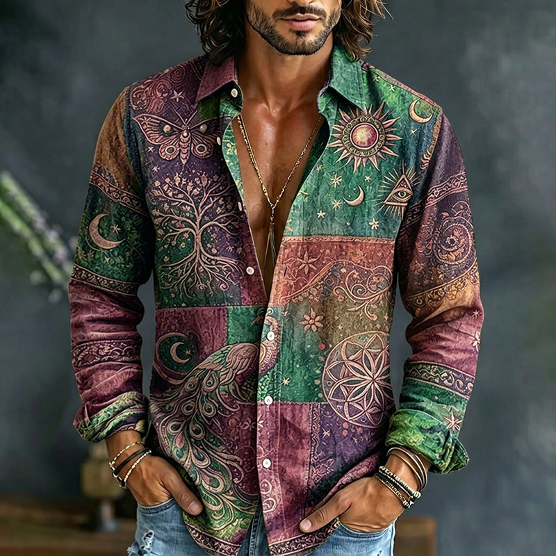 Cardydony Men's Mystical Hippie Style Peacock Sun And Moon Art Print Long Sleeve Shirt