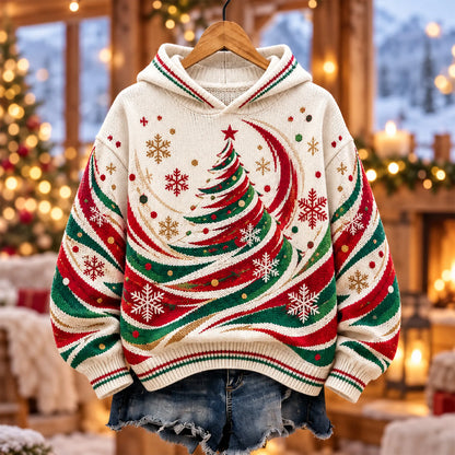 Cardydony Women's Vintage Crescent Moon Christmas Tree Snowflake Hooded Ugly Christmas Sweater