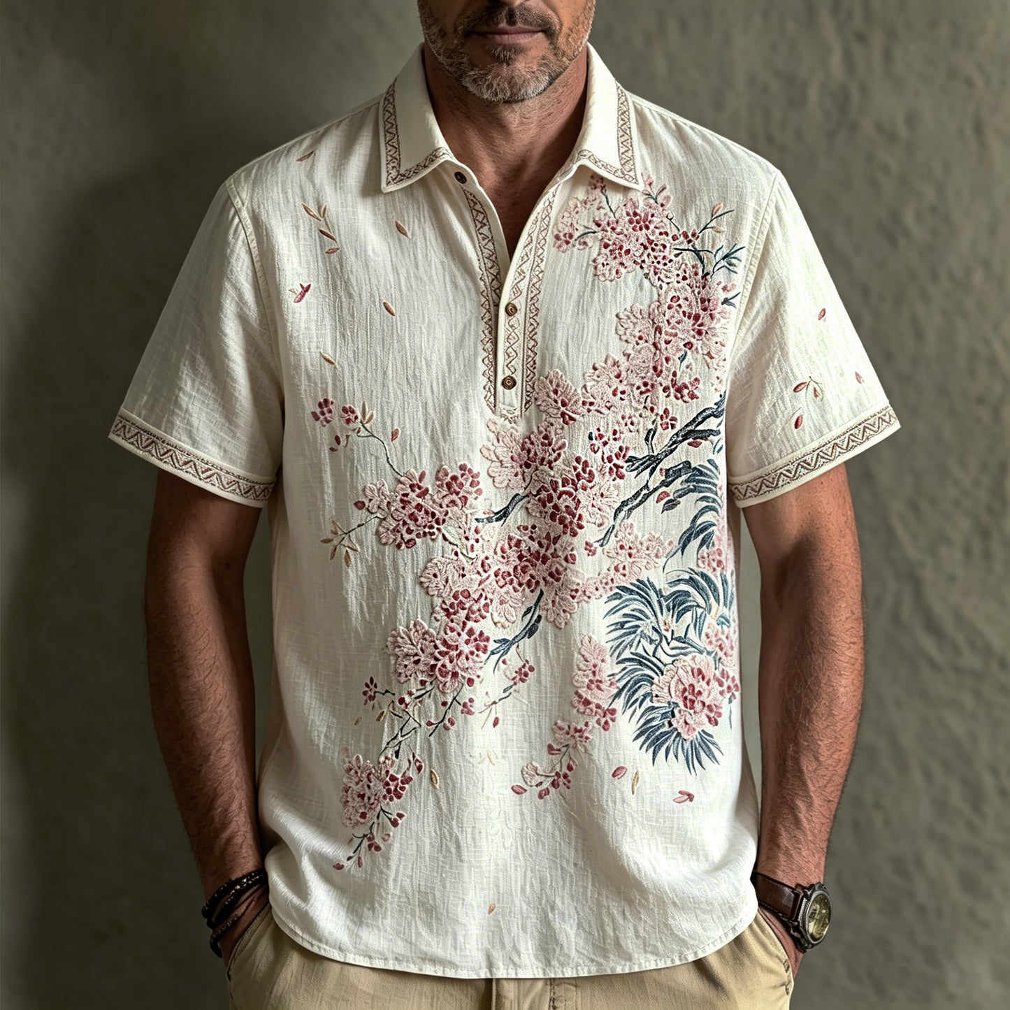 Cardydony Men's Retro Japanese Floral Print Cotton Linen Comfortable Polo Shirt