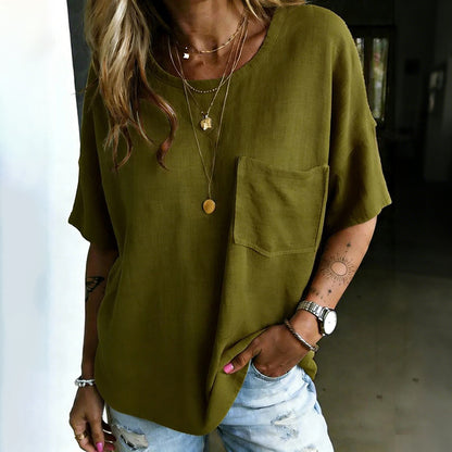 Cardydony Women's Vintage Casual Cotton And Linen Loose Pocket Top
