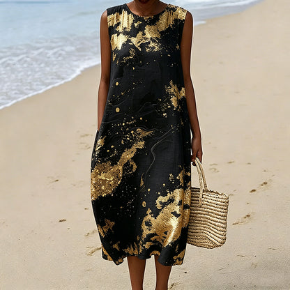 Cardydony Vintage Abstract Marble Texture Art Flowy Linen Tank Dress