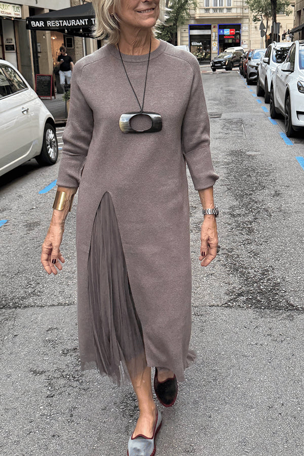 Cardydony Women's Jollie Knit Long Sleeve Front Slit Midi Sweater and Pleated Tulle Stretch Tank Midi Dress Two-piece Set