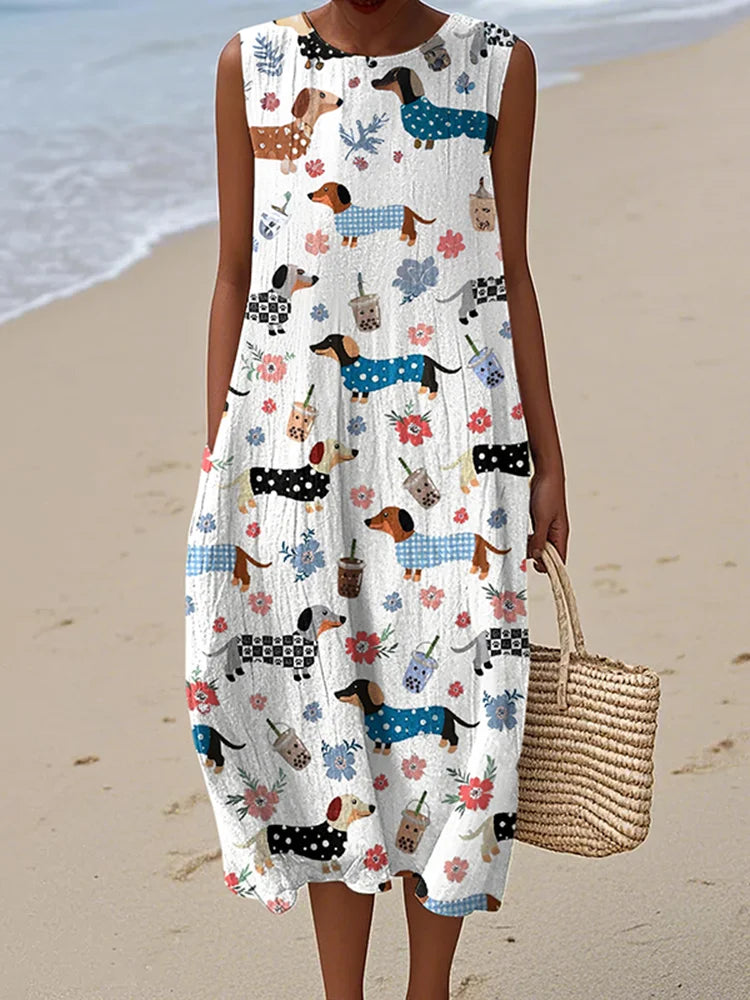 Cardydony Women's Cute Dachshund And Floral Print Linen Blend Tank Midi Dress