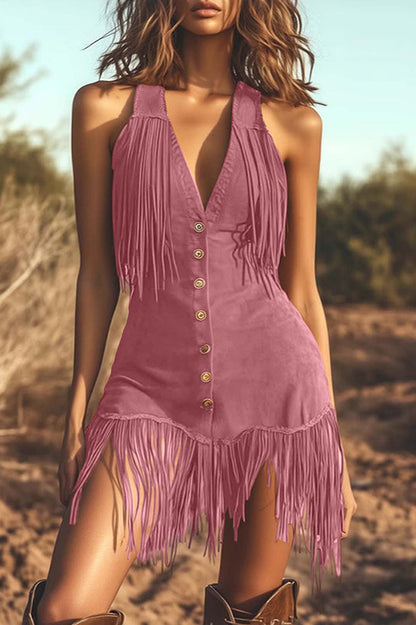 Cardydony Women's Sexy V-neck Sleeveless Button-down Fringe Fitted Mini Dress