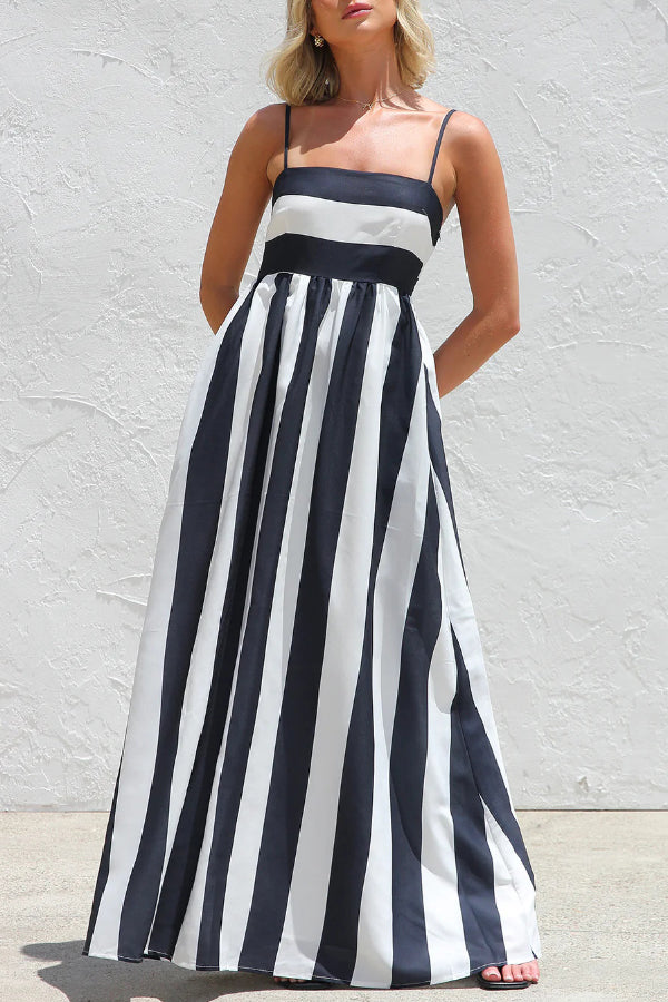Cardydony Women's Color-blocked Striped Print Square Neck Suspender Casual Pocket Maxi Dress