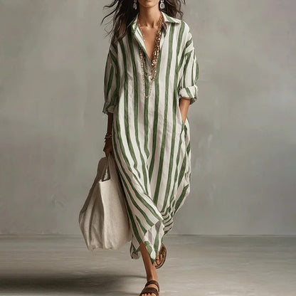 Cardydony Women's Casual Striped Cotton Linen Maxi Shirt Dress