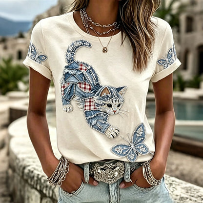 Cardydony Women's With Faux-denim Cat Patchwork Print Casual Crew-neck T-shirt