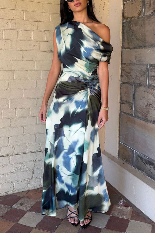 Cardydony Women's Unique Print Asymmetrical Off-Shoulder Pleated Waist Casual Maxi Dress
