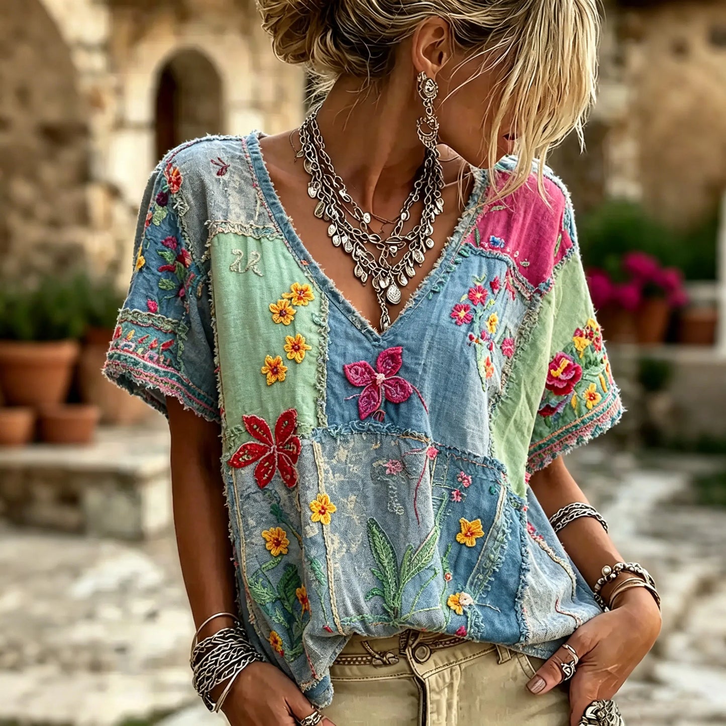 Cardydony Women's Retro Floral Patchwork Art Embroidery Cotton Linen V-neck T-shirt