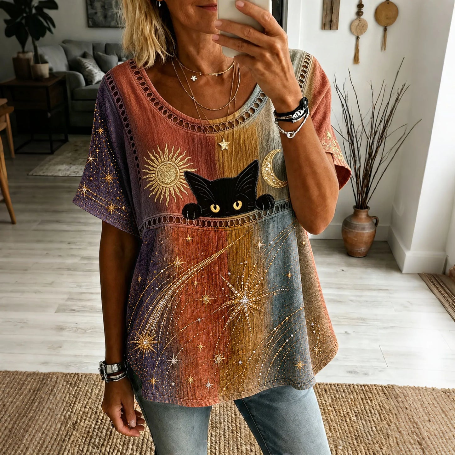 Cardydony Women's Hippie Black Cat With Sun And Moon Art Linen Blend Crew Neck Tshirt