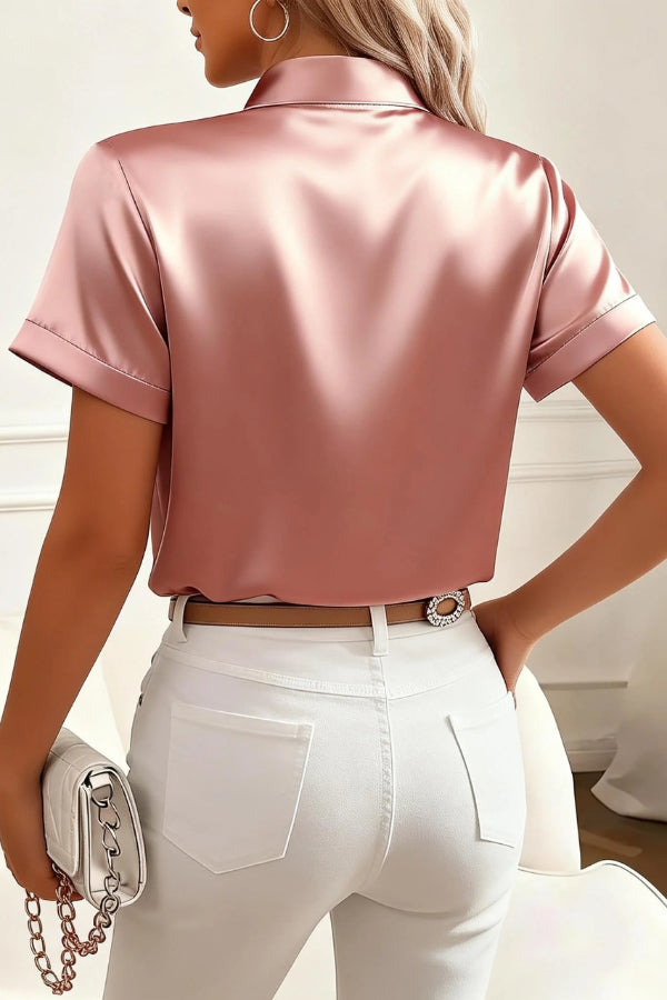 Cardydony Women's  Solid Color Satin Collared Short-sleeved Tie Bow Casual Shirt