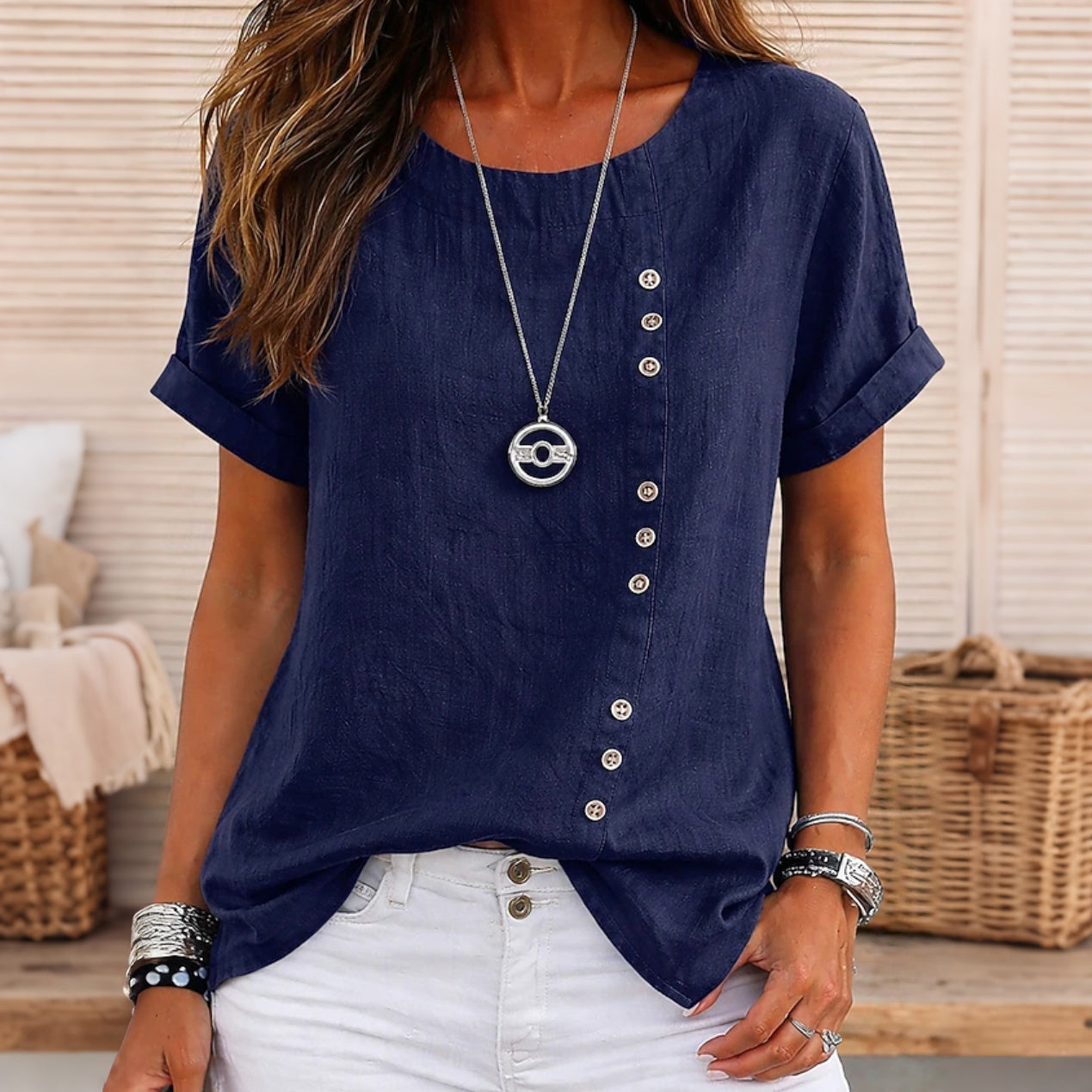 Cardydony Women's Solid Color Round Neck Button Design T-shirt