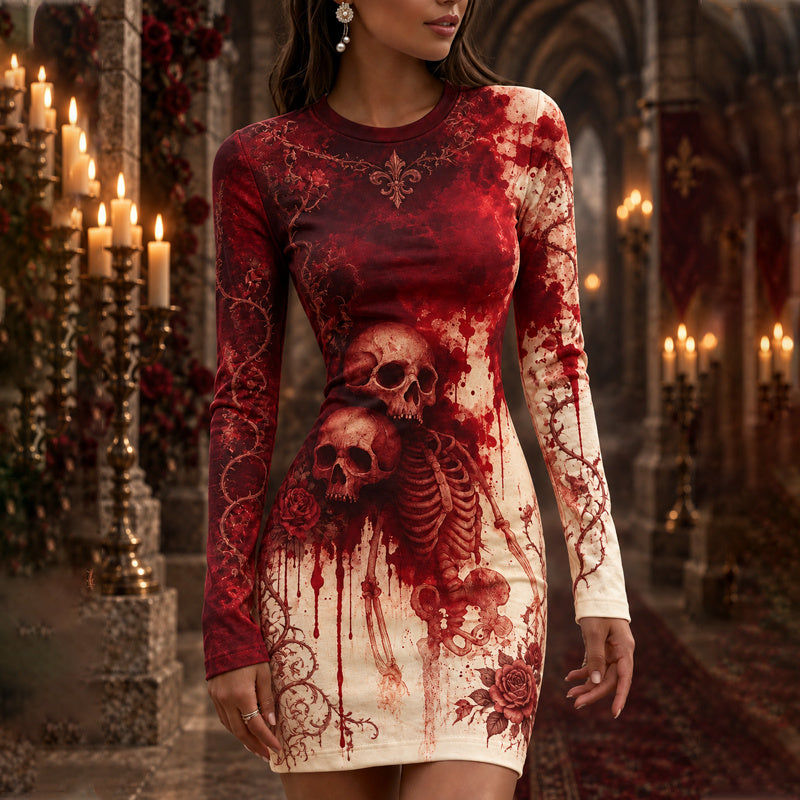 Cardydony Women's Halloween Bloodstain Skull Rose Print Round Neck Bodycon Dress