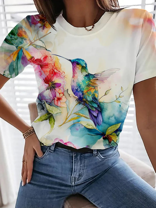 Cardydony Hummingbird Flower Print Casual T-shirt