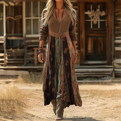 Cardydony Vintage Floral Patchwork Art Pattern Linen Blend V-neck Loose Long Sleeve Midi Dress