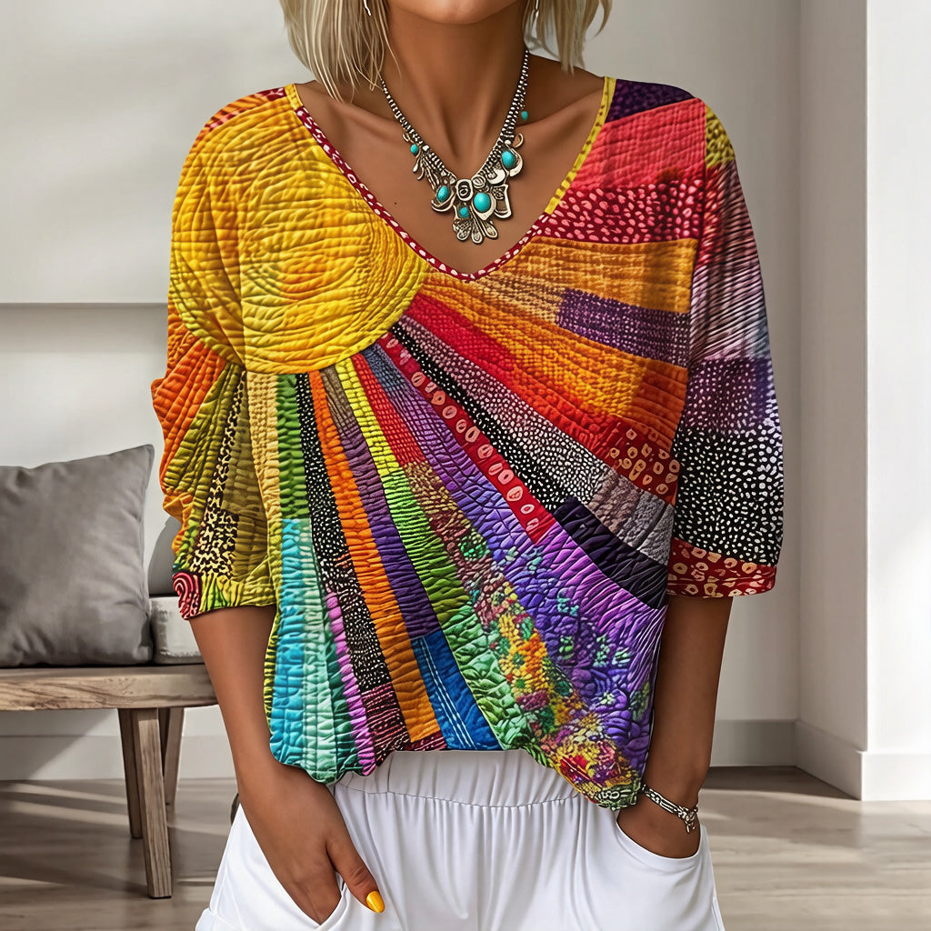 Cardydony Women's Vintage Floral In Gradient Art Print Flowy Linen Blend Three-quarter Sleeve V Neck Linen Tops