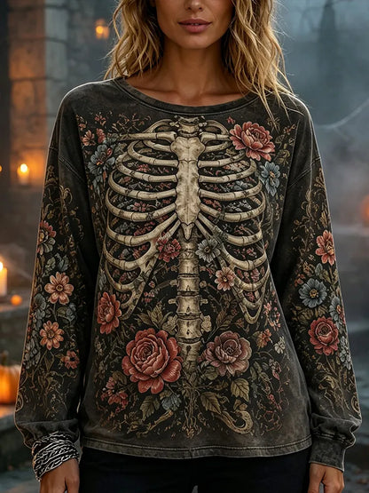Cardydony Retro Halloween Bohemian Gothic Style Washed Skull And Rib Pattern Long-sleeved Floral Print Crew Neck Casual Top