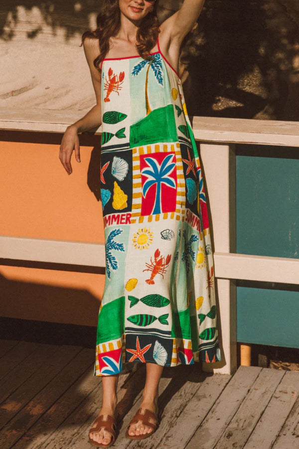 Cardydony Women's Summer-themed Printed Square Neck Sleeveless Pocket Loose Maxi Dress