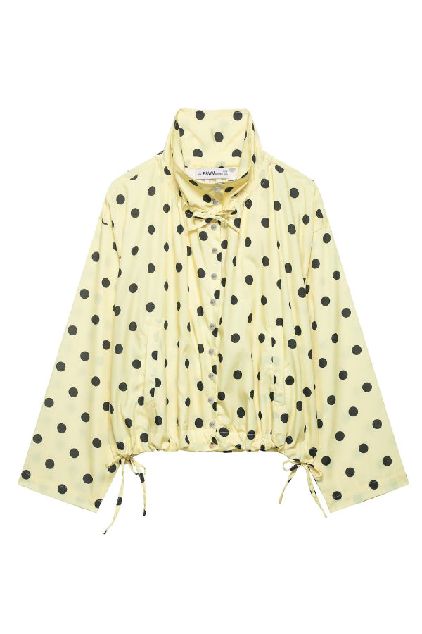 Cardydony Women's  Polka Dot Print Loose Stand Collar Button Bow Tie Casual Long-sleeved Jacket