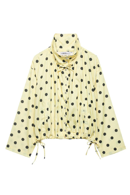 Cardydony Women's  Polka Dot Print Loose Stand Collar Button Bow Tie Casual Long-sleeved Jacket