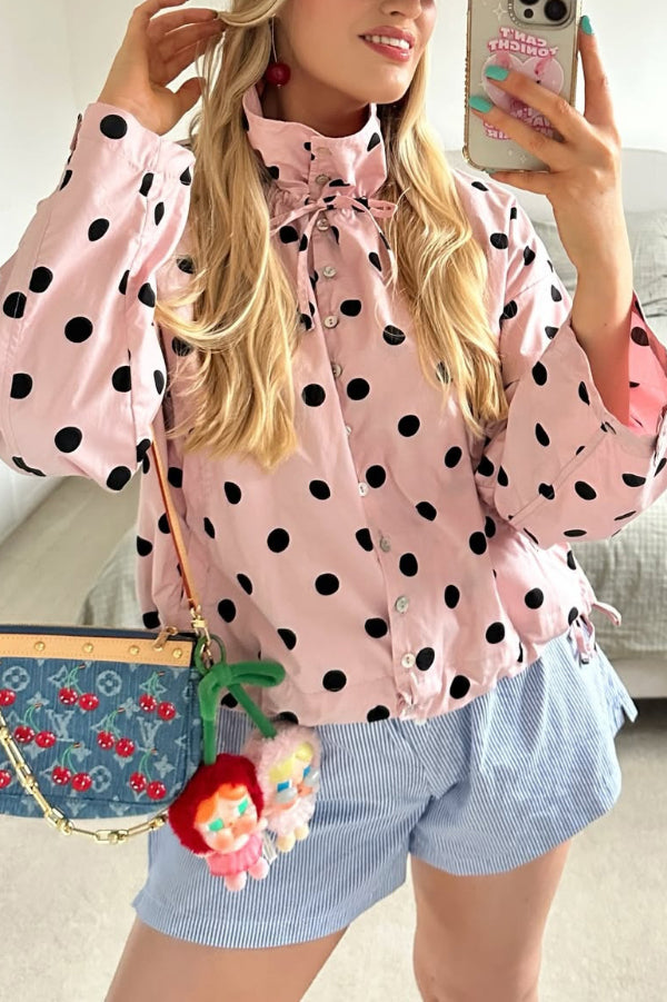 Cardydony Women's  Polka Dot Print Loose Stand Collar Button Bow Tie Casual Long-sleeved Jacket
