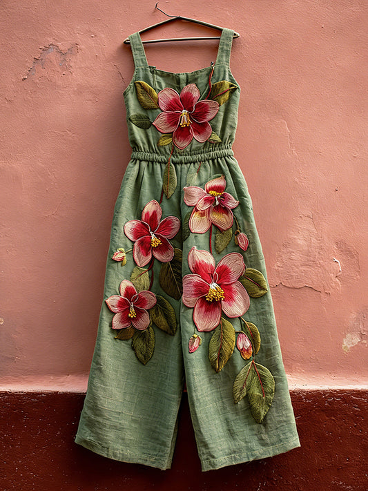 Cardydony Women's Vintage Hibiscus Print Casual Linen-blend Jumpsuit