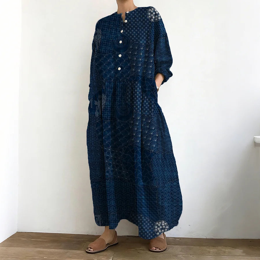 Cardydony Vintage Japanese Traditional Sashiko Art Linen Maxi Dress