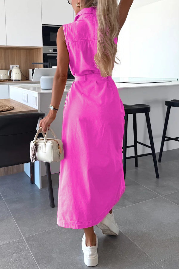 Cardydony Women's Solid Color Sleeveless Single Breasted Waist Tie Casual Pocket Denim Midi Dress