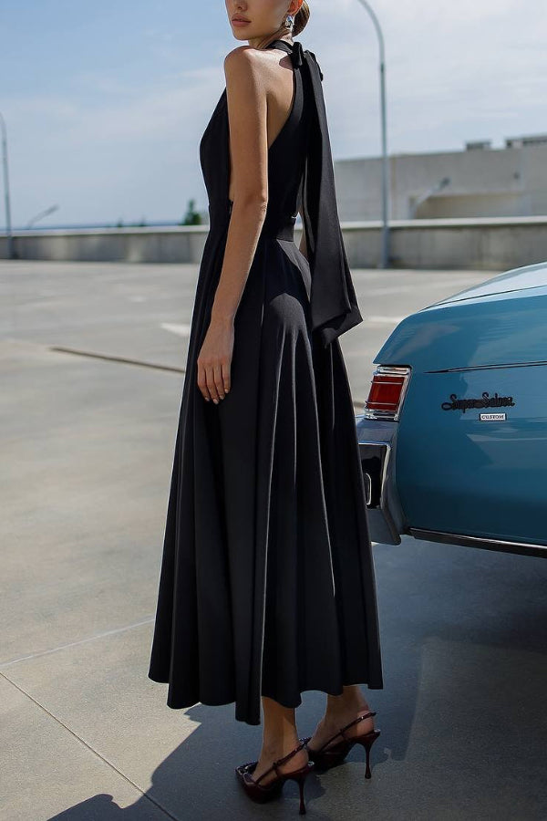 Cardydony Women's Solid Color Halter Neck Bow Tie Elegant Waist-cinching Midi Dress
